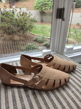 Jeffrey Campbell Tan Cutout Closed-Toe Flats with Buckle Strap